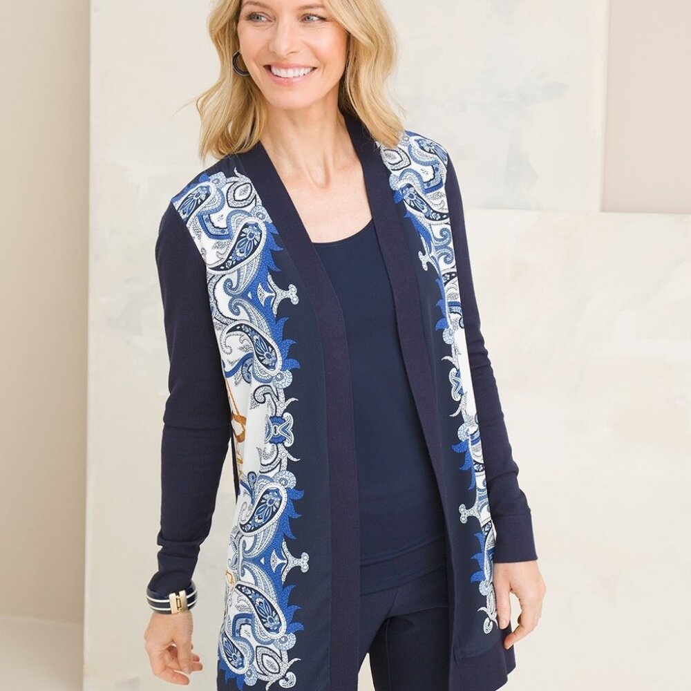 Classic Chico's Paisley Navy Cardigan Sweater Gold, Cream NWT size S